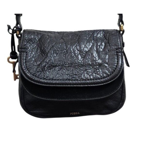 Fossil Peyton Double Flap Crossbody Small Black Leather Handbag - Picture 4 of 16
